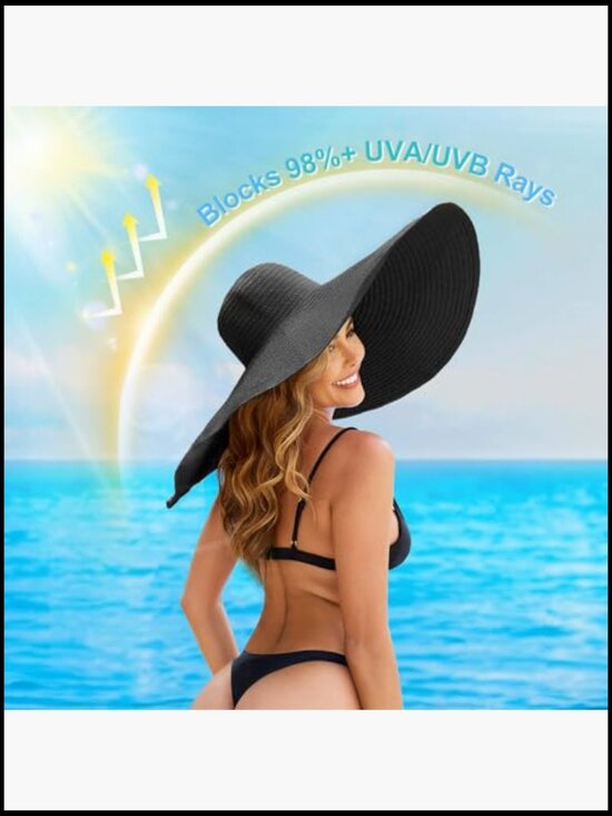Oversized Straw Sun Hat Wide Brim Foldable Packable Travel Beach Vacation